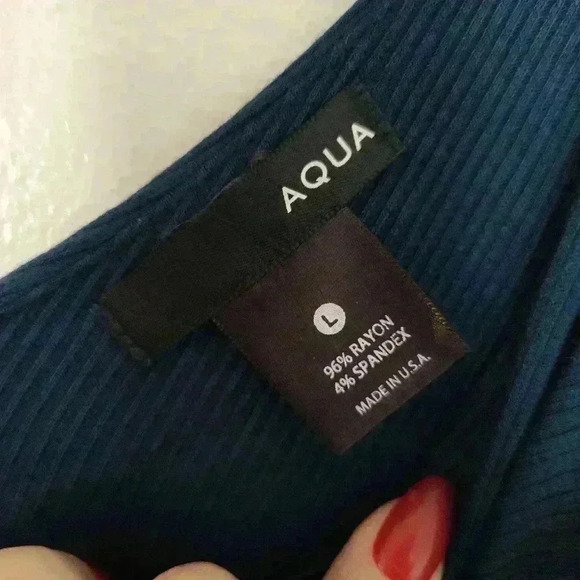 Aqua ribbed knit Cold Shoulder Navy Dress size Large #79 - Picture 3 of 3